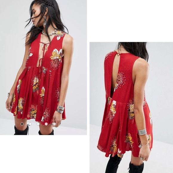 FREE PEOPLE Boho Lovely Day Red Floral Sleeveless Tie Front Dress - Picture 1 of 16